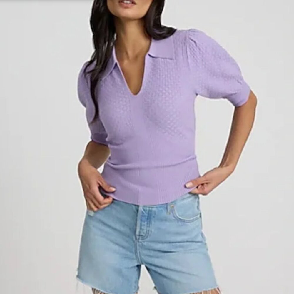 Express Collared Patterned Knit Short Puff Sleeve Sweater M